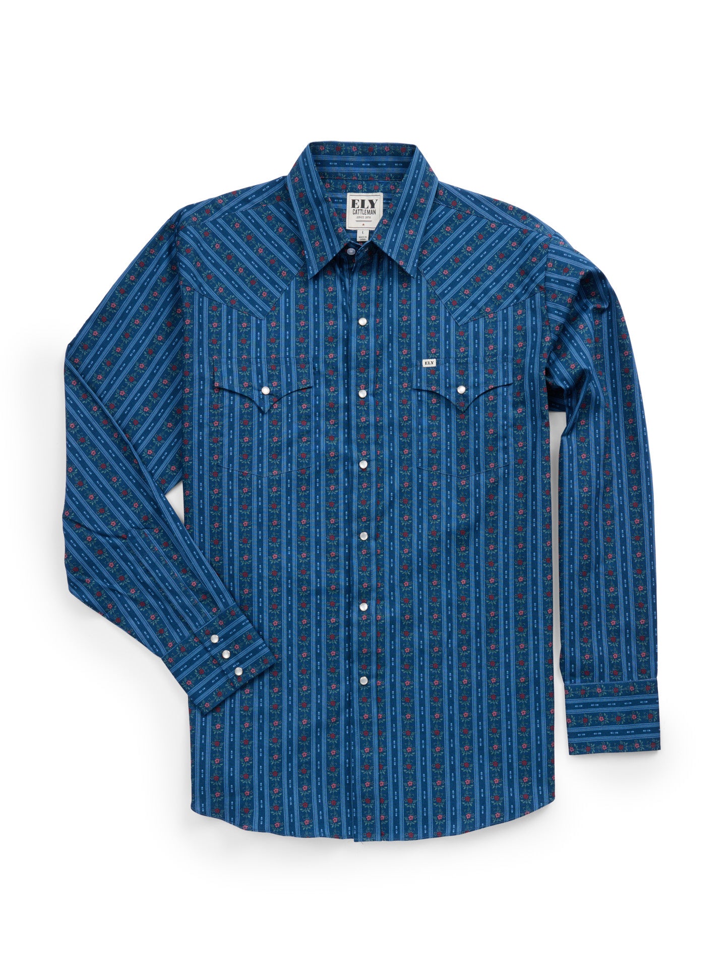 Men's Ely Cattleman Long Sleeve Wallpaper Floral Print Western Snap Shirt- Navy