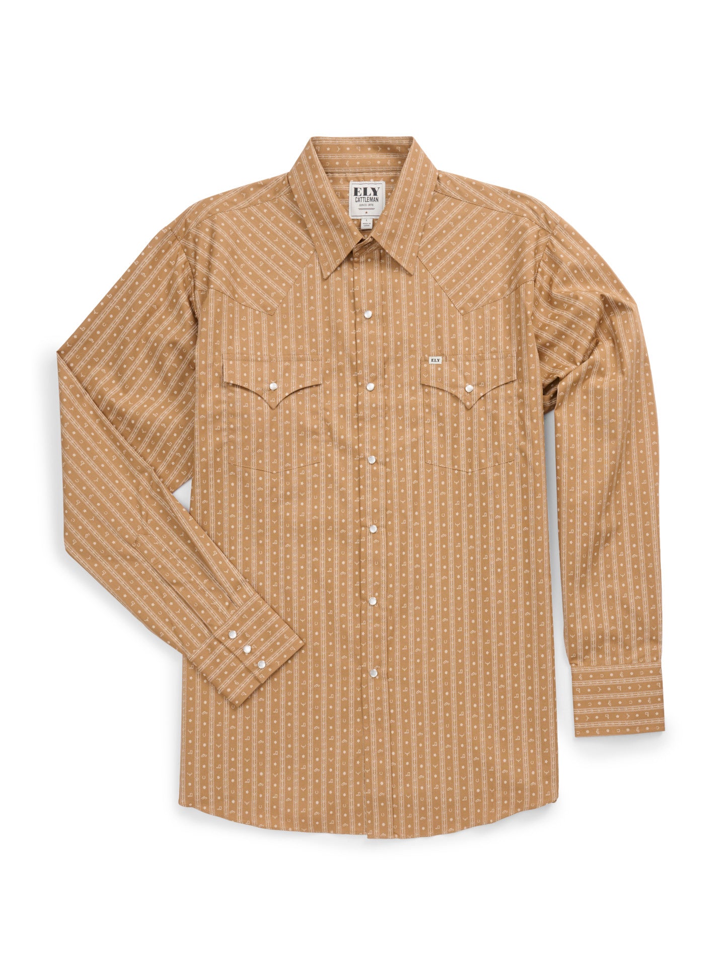Men's Ely Cattleman Long Sleeve Barbed Wire Print Western Snap Shirt- Gold