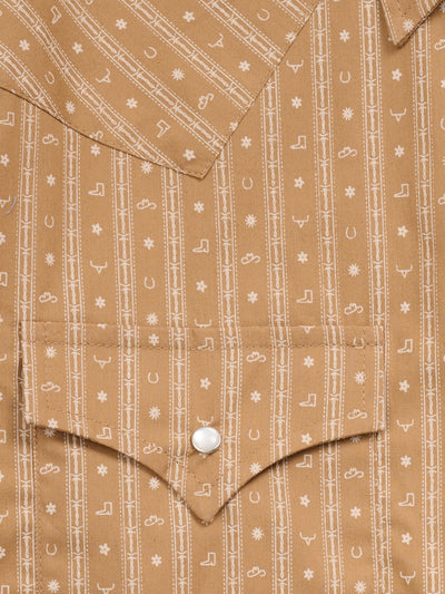 Men's Ely Cattleman Long Sleeve Barbed Wire Print Western Snap Shirt- Gold