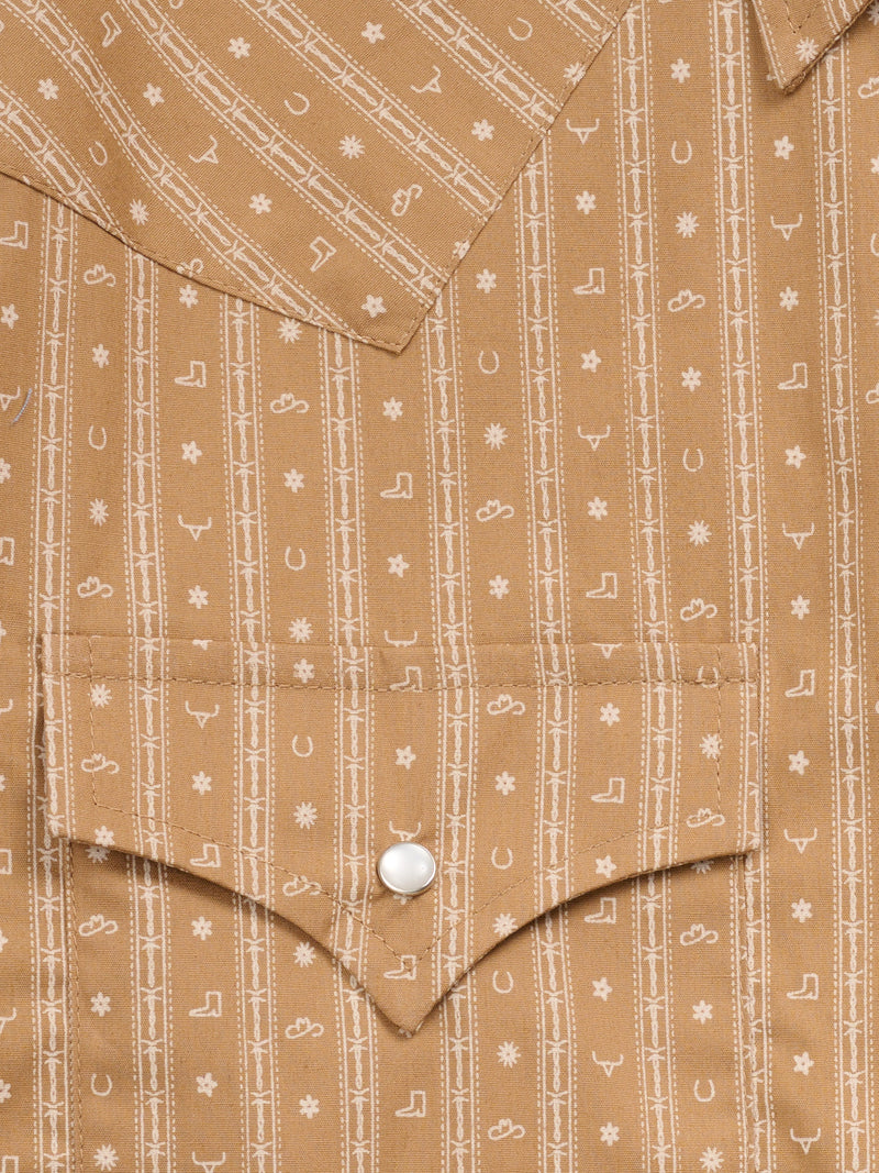 Men's Ely Cattleman Long Sleeve Barbed Wire Print Western Snap Shirt- Gold