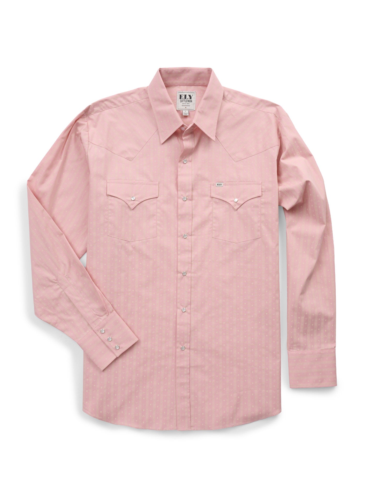 Men's Ely Cattleman Long Sleeve Barbed Wire Print Western Snap Shirt- Pink