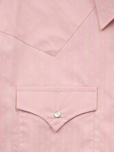 Men's Ely Cattleman Long Sleeve Barbed Wire Print Western Snap Shirt- Pink