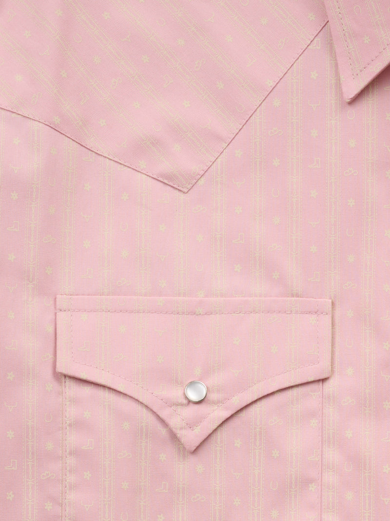 Men's Ely Cattleman Long Sleeve Barbed Wire Print Western Snap Shirt- Pink