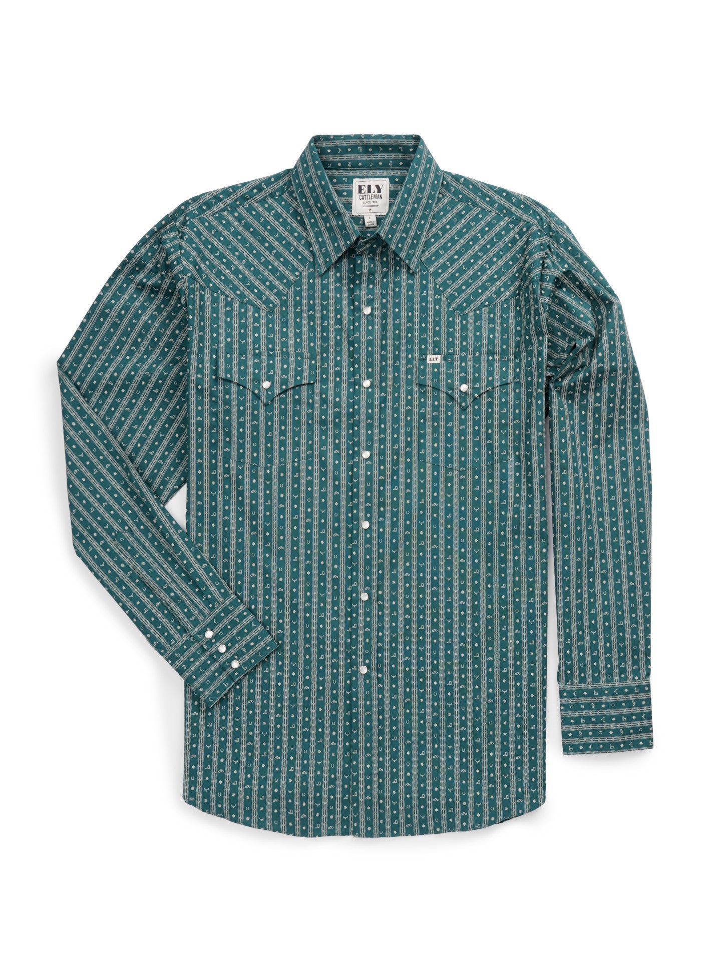 Men's Ely Cattleman Long Sleeve Barbed Wire Print Western Snap Shirt- Teal