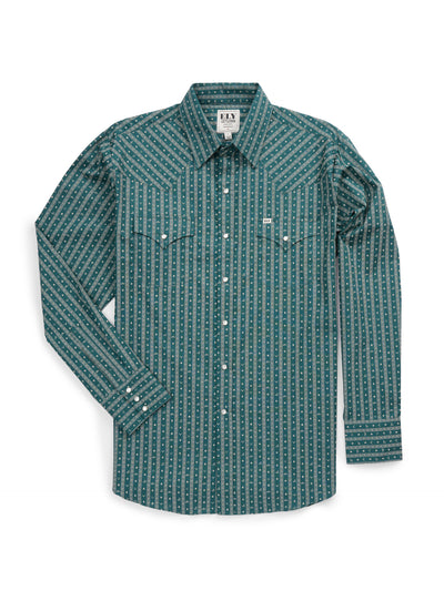 Men's Ely Cattleman Long Sleeve Barbed Wire Print Western Snap Shirt- Teal