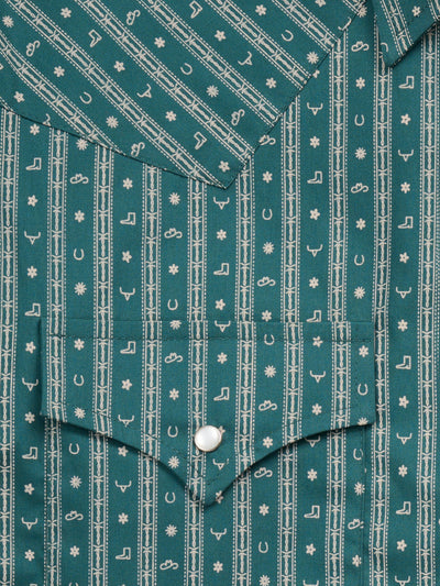 Men's Ely Cattleman Long Sleeve Barbed Wire Print Western Snap Shirt- Teal