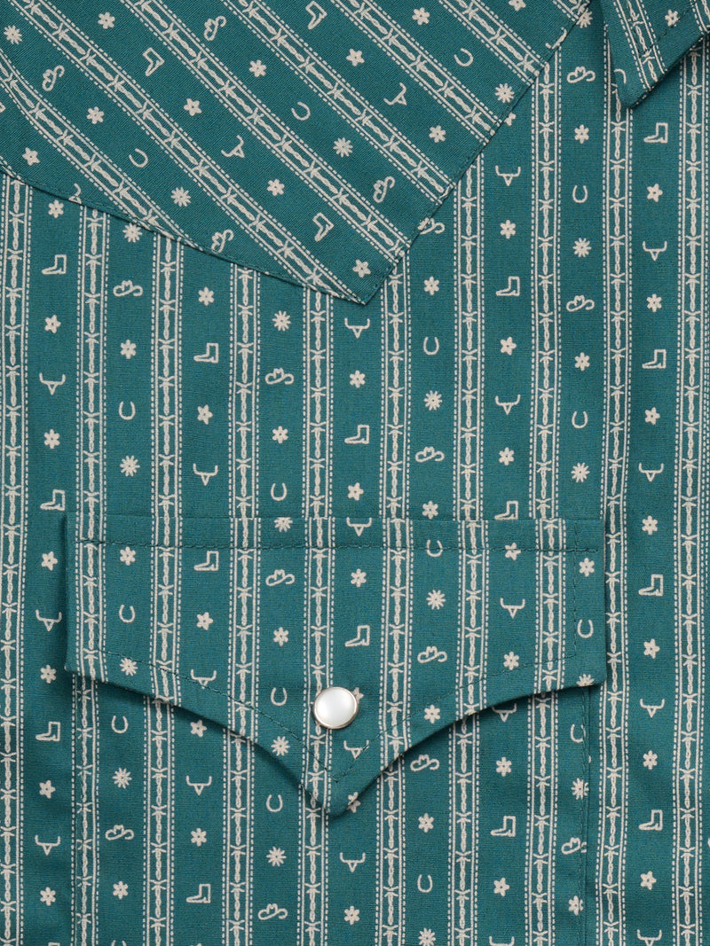 Men's Ely Cattleman Long Sleeve Barbed Wire Print Western Snap Shirt- Teal