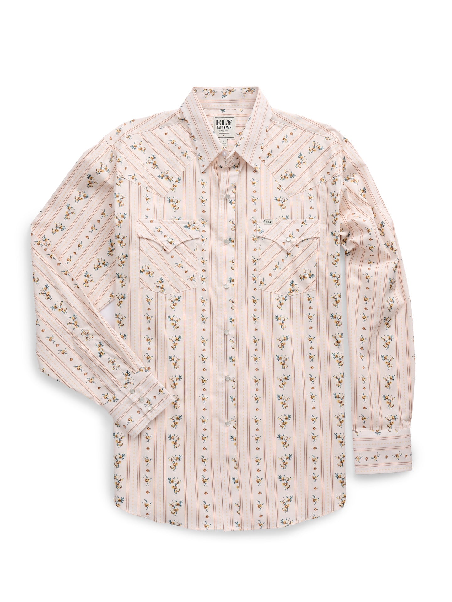 Men's Ely Cattleman Long Sleeve Wallpaper Floral Print Western Snap Shirt- Ecru