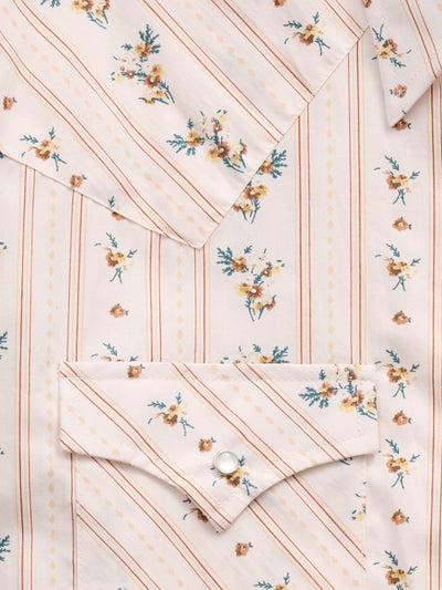 Men's Ely Cattleman Long Sleeve Wallpaper Floral Print Western Snap Shirt- Ecru