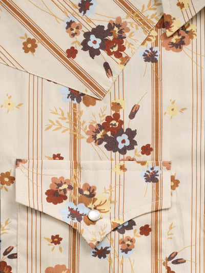 Men's Ely Cattleman Long Sleeve Wallpaper Floral Print Western Snap Shirt- Ecru