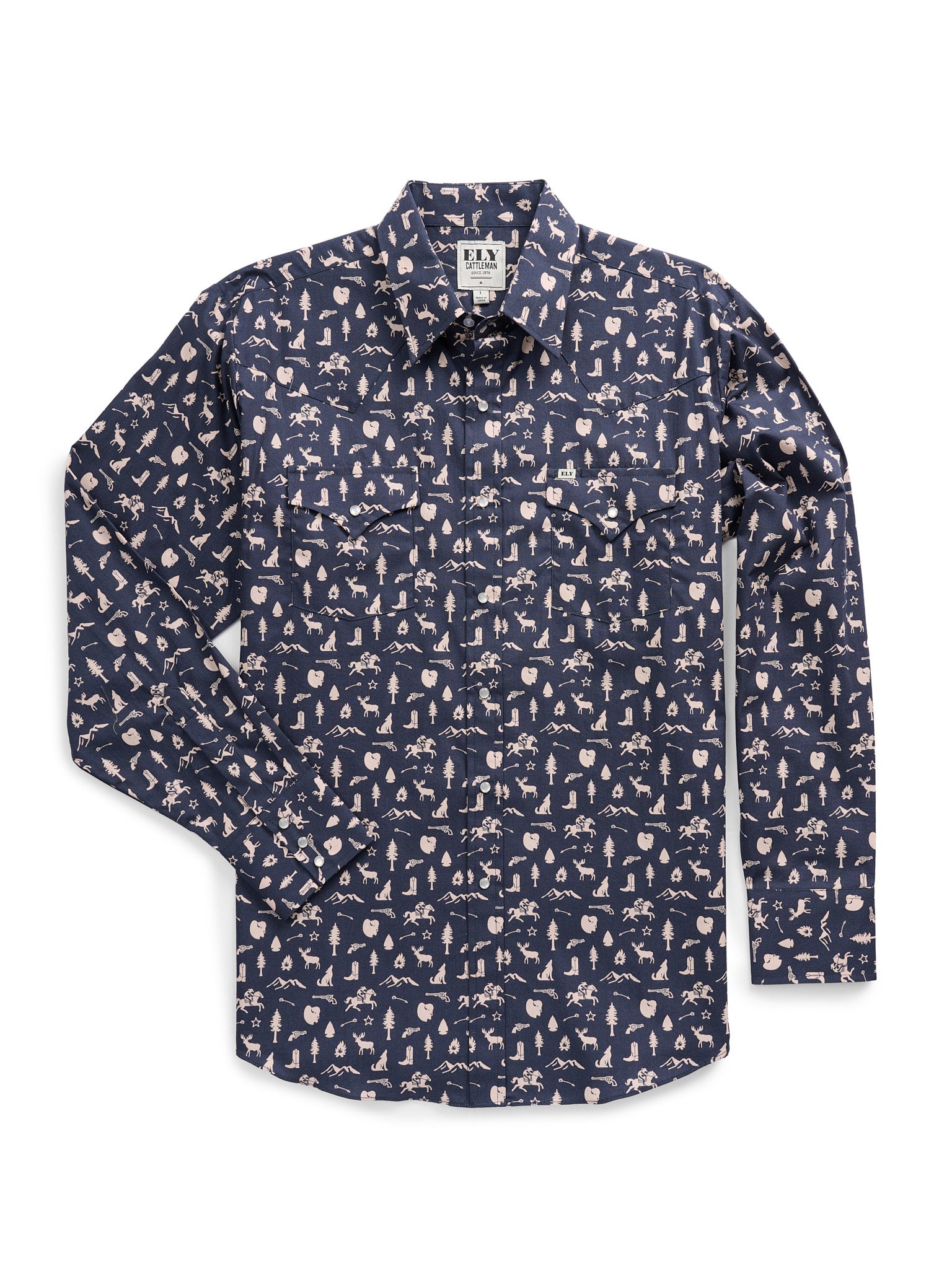 Men's Ely Cattleman Long Sleeve Conversation Print Western Snap Shirt- Midnight