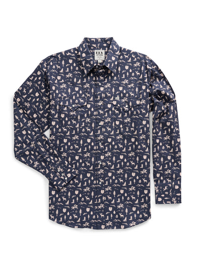 Men's Ely Cattleman Long Sleeve Conversation Print Western Snap Shirt- Midnight