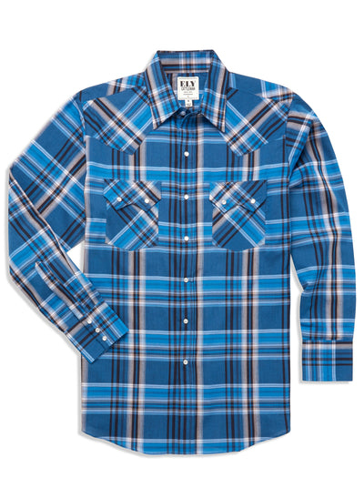 Men's Ely Cattleman Long Sleeve Textured Plaid Western Snap Shirt- Blue & White
