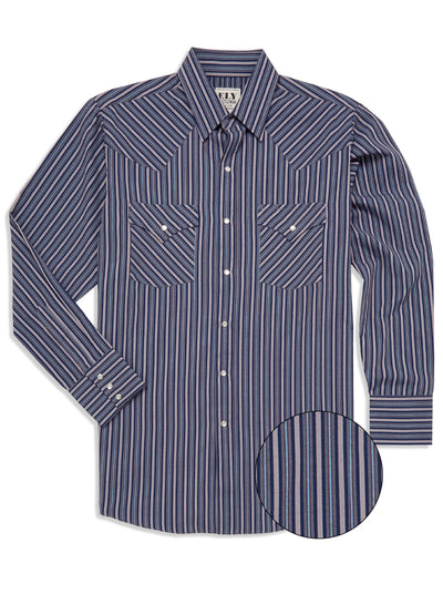 Men's Ely Cattleman Long Sleeve Textured Stripe Western Snap Shirt- Navy & White