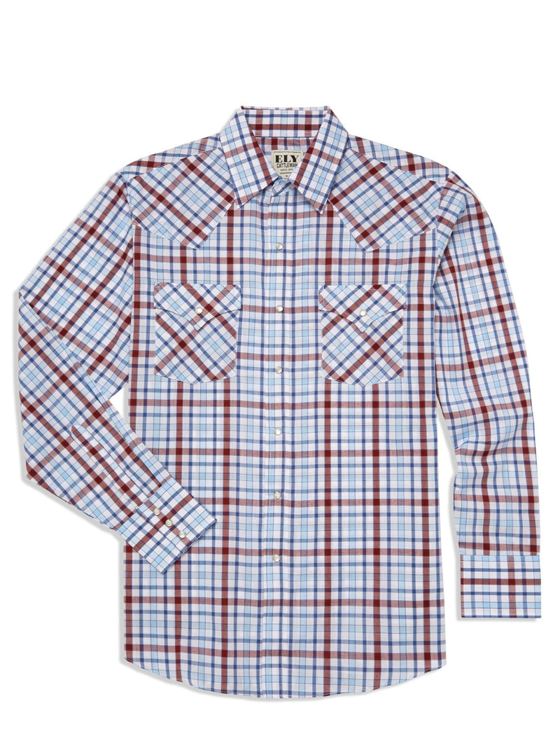 Men's Ely Cattleman Long Sleeve Heritage Plaid Western Snap Shirt- Blue & White