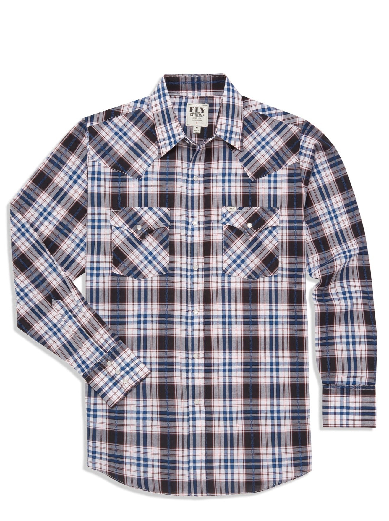 Men's Ely Cattleman Long Sleeve Textured Aztec Plaid Western Snap Shirt-Black