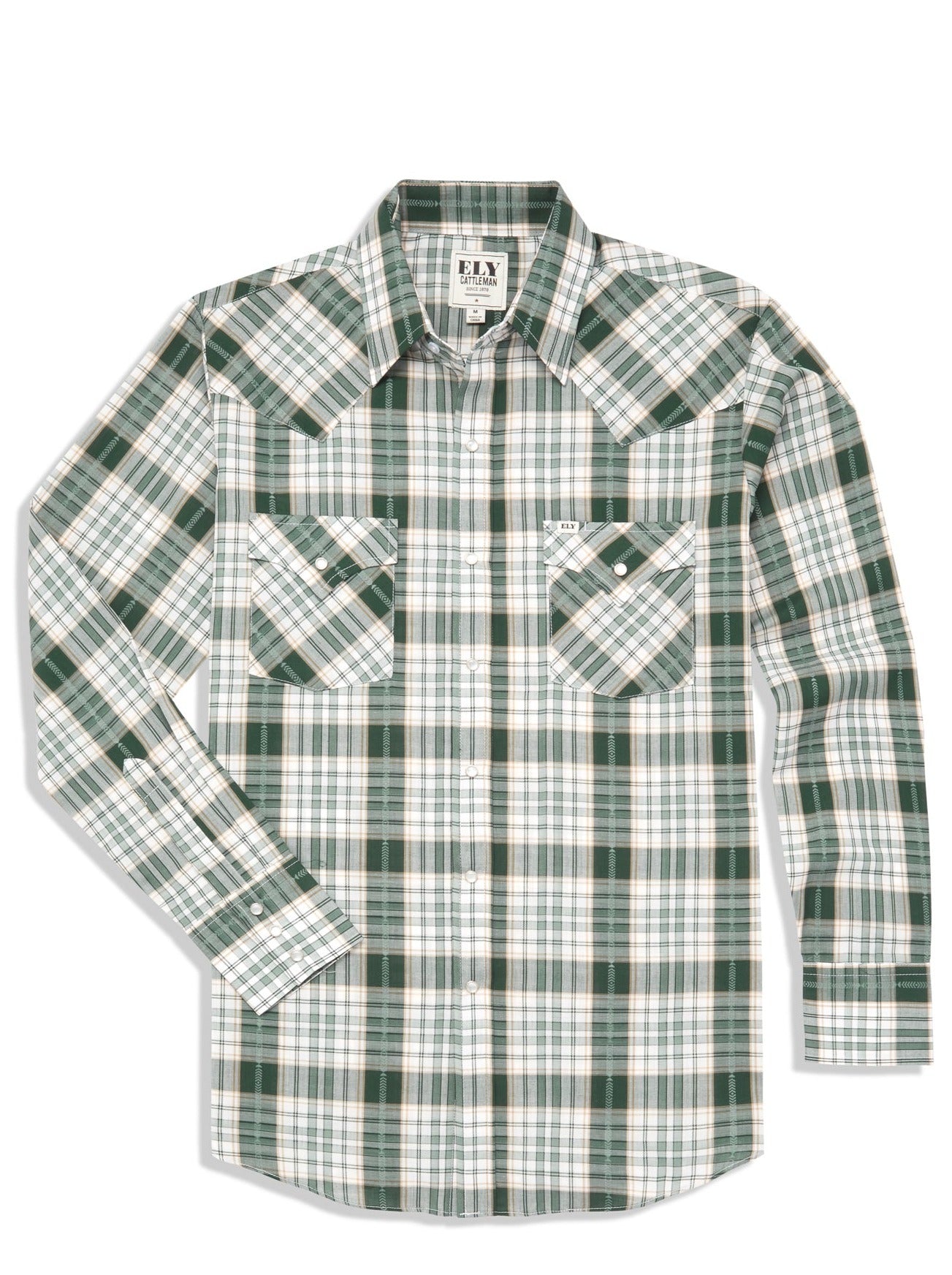 Men's Ely Cattleman Long Sleeve Textured Aztec Plaid Western Snap Shirt-Black & Hunter Green