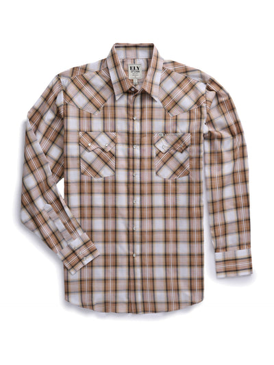 Men's Ely Cattleman Long Sleeve Textured Plaid Western Snap Shirt- Teal & Khaki