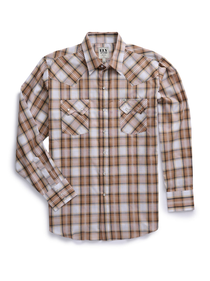 Men's Ely Cattleman Long Sleeve Textured Plaid Western Snap Shirt- Teal & Khaki