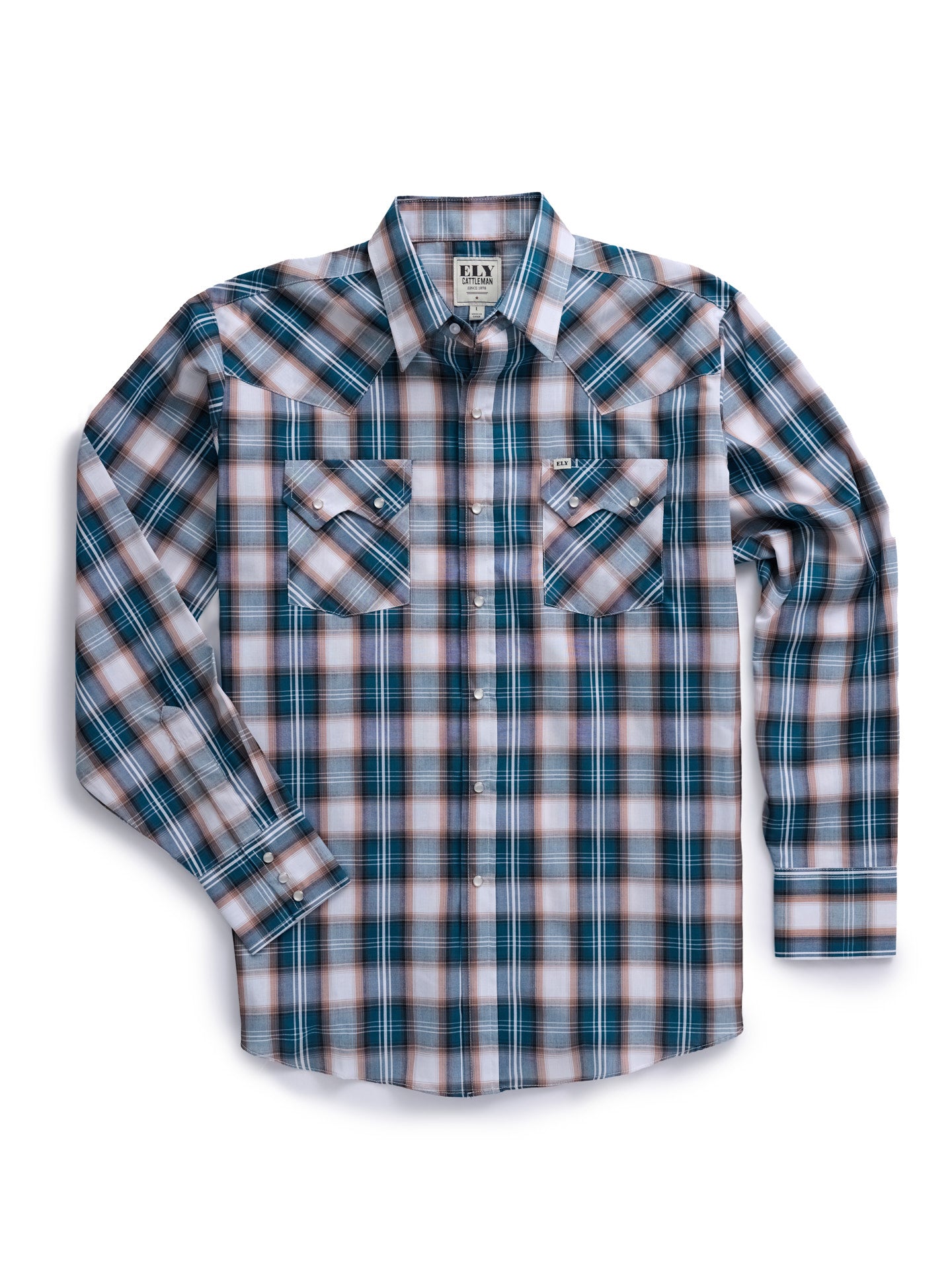 Men's Ely Cattleman Long Sleeve Textured Plaid Western Snap Shirt- Teal & Khaki