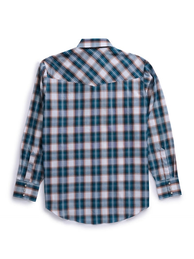 Men's Ely Cattleman Long Sleeve Textured Plaid Western Snap Shirt- Teal & Khaki