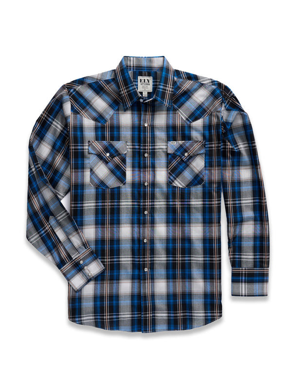 Men's Ely Cattleman Long Sleeve Textured Plaid Western Snap Shirt- Blu