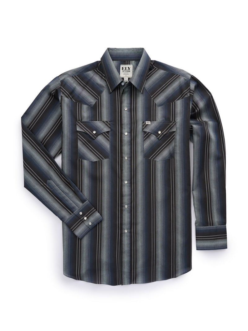 Men's Ely Cattleman Long Sleeve Textured Stripe Western Snap Shirt- Brown & Navy