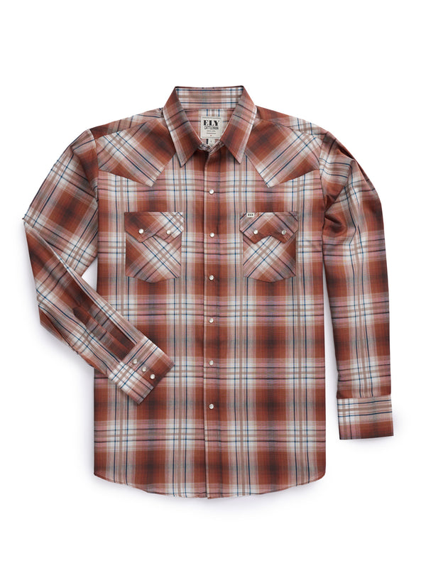 Men's Ely Cattleman Long Sleeve Textured Plaid Western Snap Shirt- Rust & Navy Rust Plaid / M