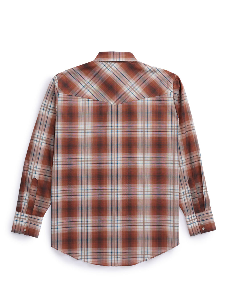 Men's Ely Cattleman Long Sleeve Textured Plaid Western Snap Shirt- Rust & Navy