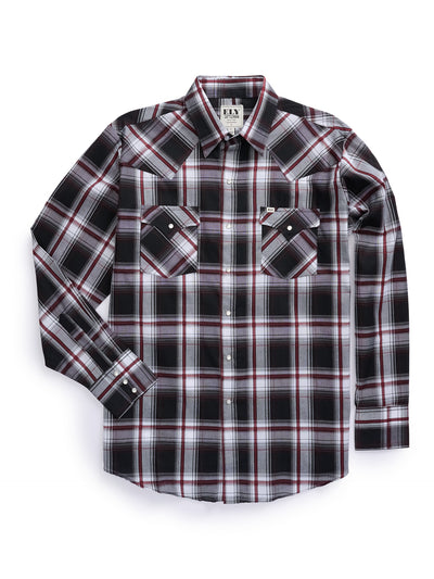 Men's Ely Cattleman Long Sleeve Textured Plaid Western Snap Shirt- White & Black