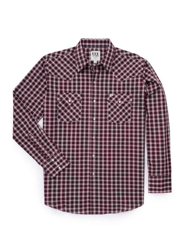 Men's Ely Cattleman Long Sleeve Classic Check Western Snap Shirt- Turquoise & Red