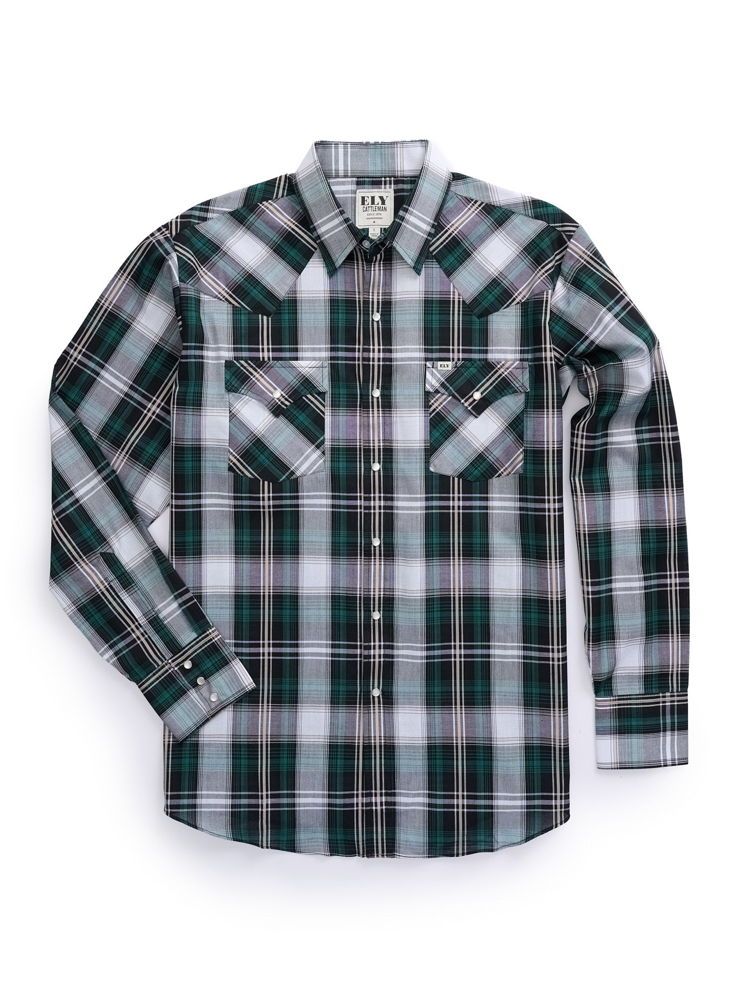 Men's Ely Cattleman Long Sleeve Textured Green Plaid Western Snap Shirt Khaki Plaid / XL Men's Ely Cattleman Long Sleeve Textured Green Plaid Western Snap Shirt Khaki Plaid / XL