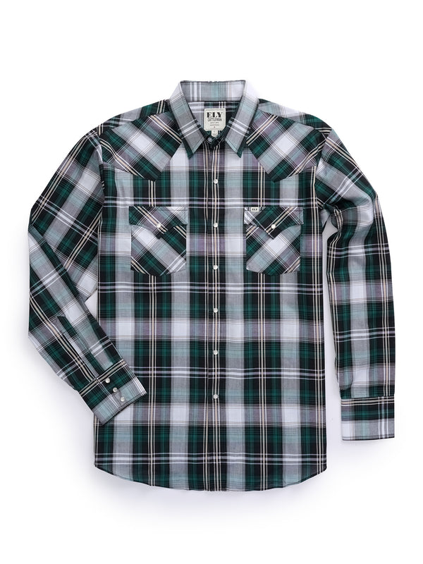 Men's Ely Cattleman Long Sleeve Textured Green Plaid Western Snap Shir