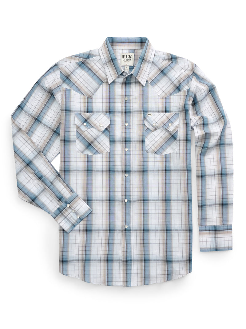 Men's Ely Cattleman Long Sleeve Textured Plaid Western Snap Shirt- Rust & Blue