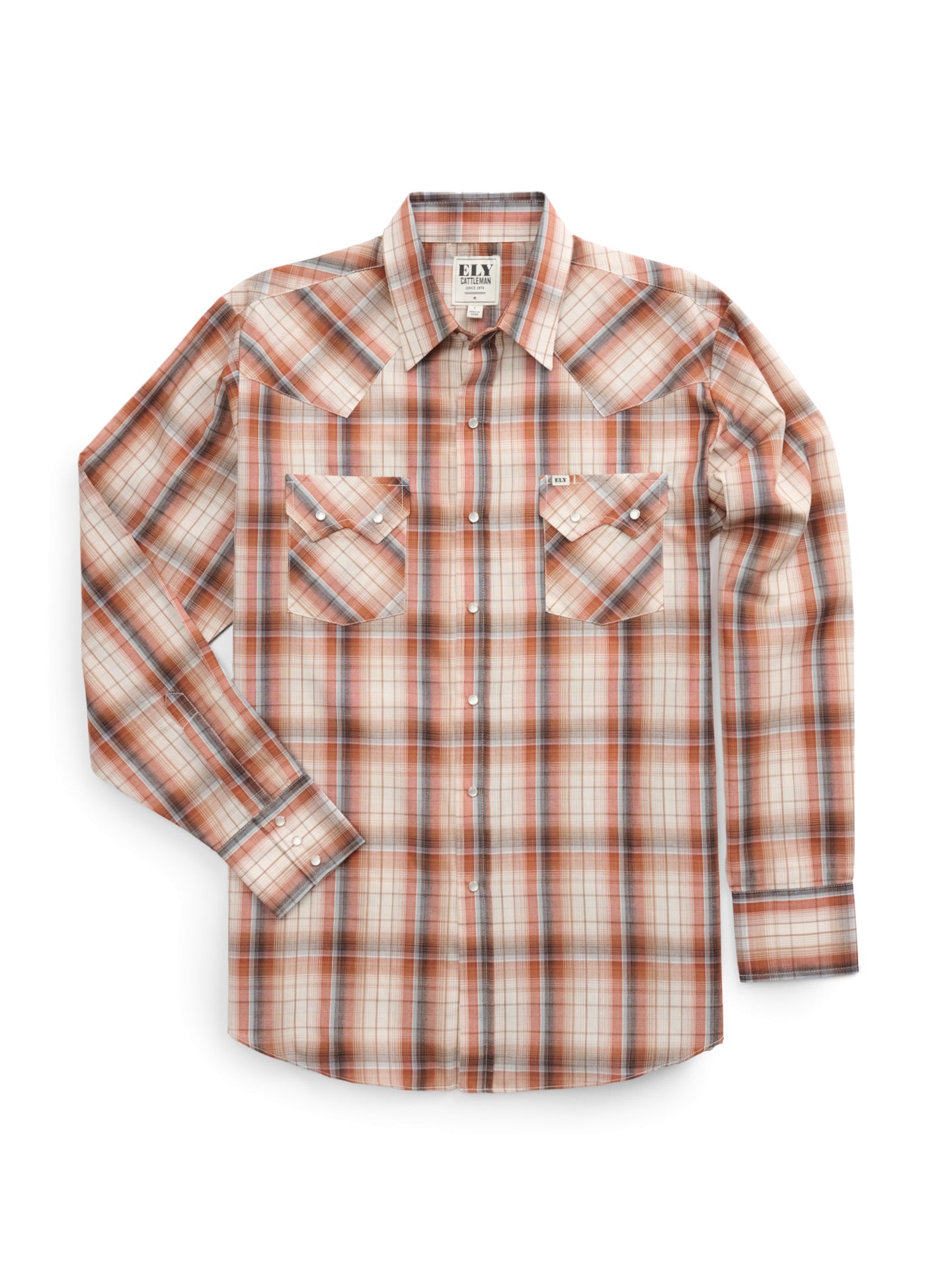 Men's Ely Cattleman Long Sleeve Textured Plaid Western Snap Shirt- Rust & Blue