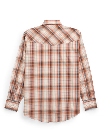 Men's Ely Cattleman Long Sleeve Textured Plaid Western Snap Shirt- Rust & Blue