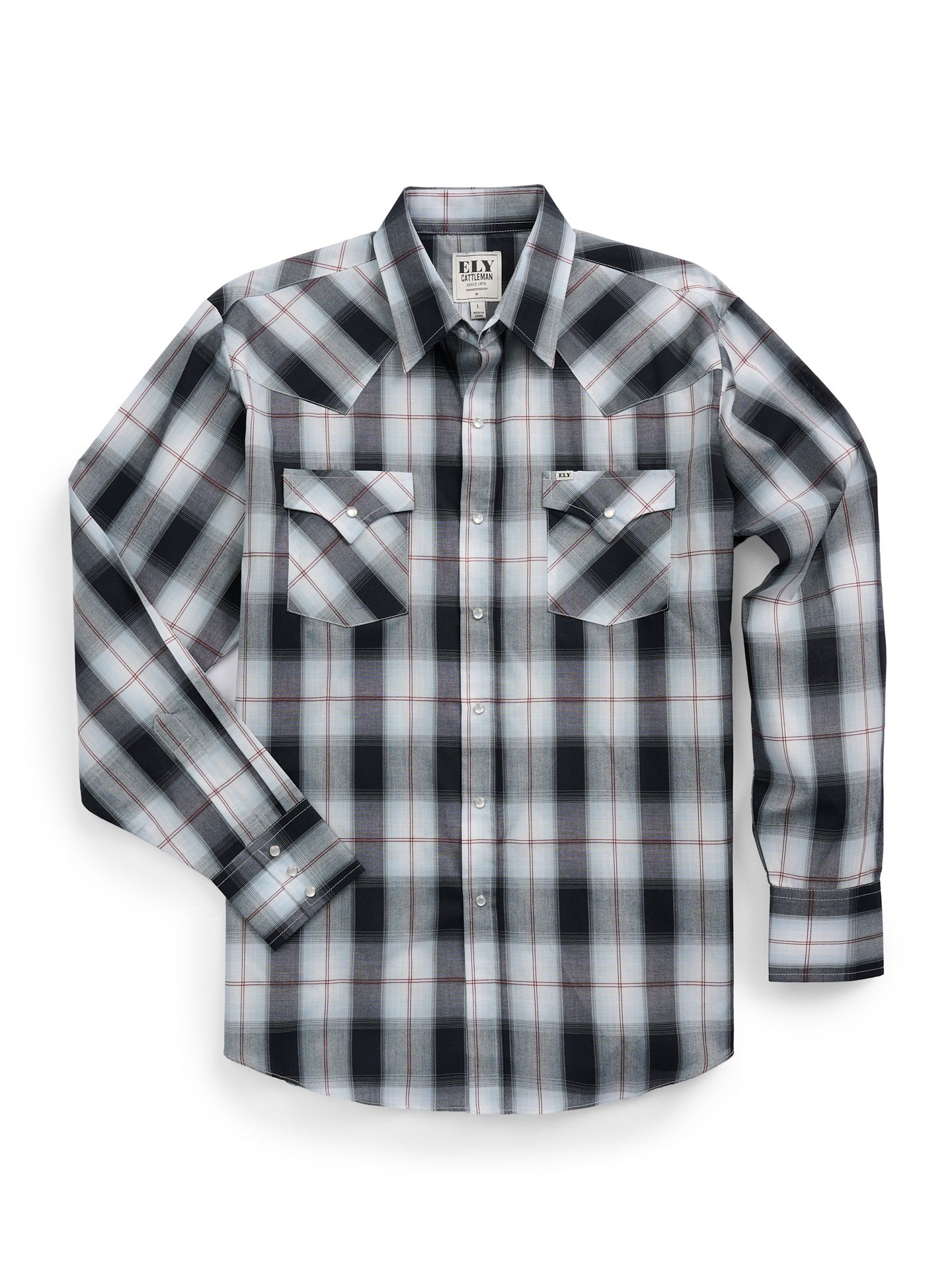 Men's Ely Cattleman Long Sleeve Textured Plaid Western Snap Shirt- Bla