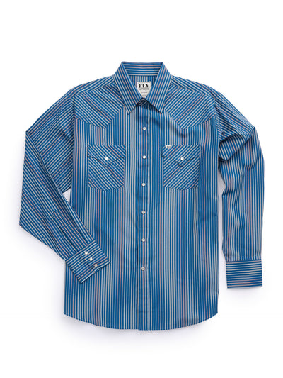 Men's Ely Cattleman Long Sleeve Textured Stripe Western Snap Shirt- White & Navy