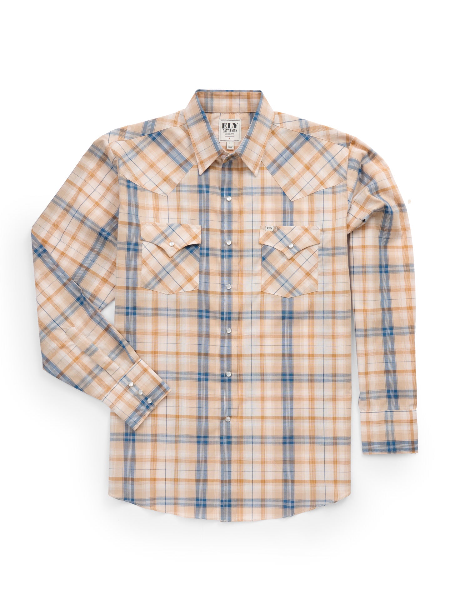 Men's Ely Cattleman Long Sleeve Textured Plaid Western Snap Shirt- Tan