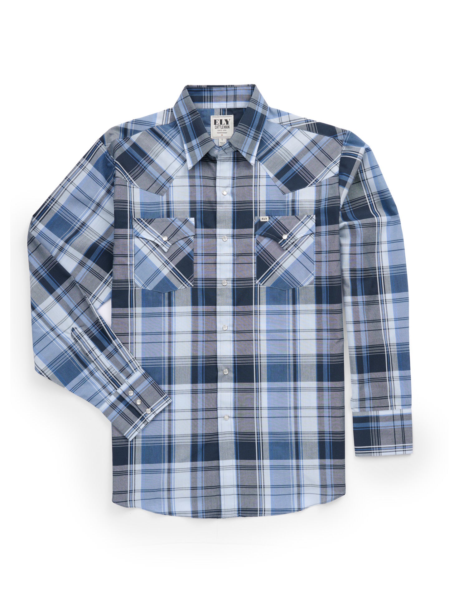 Men's Ely Cattleman Long Sleeve Textured Plaid Western Snap Shirt- Blue