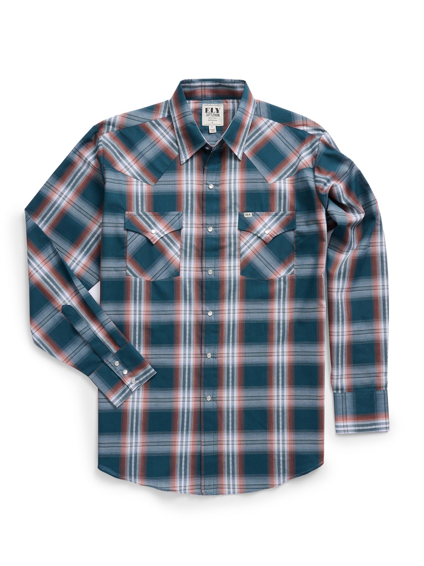 Men's Ely Cattleman Long Sleeve Textured Plaid Western Snap Shirt- Teal