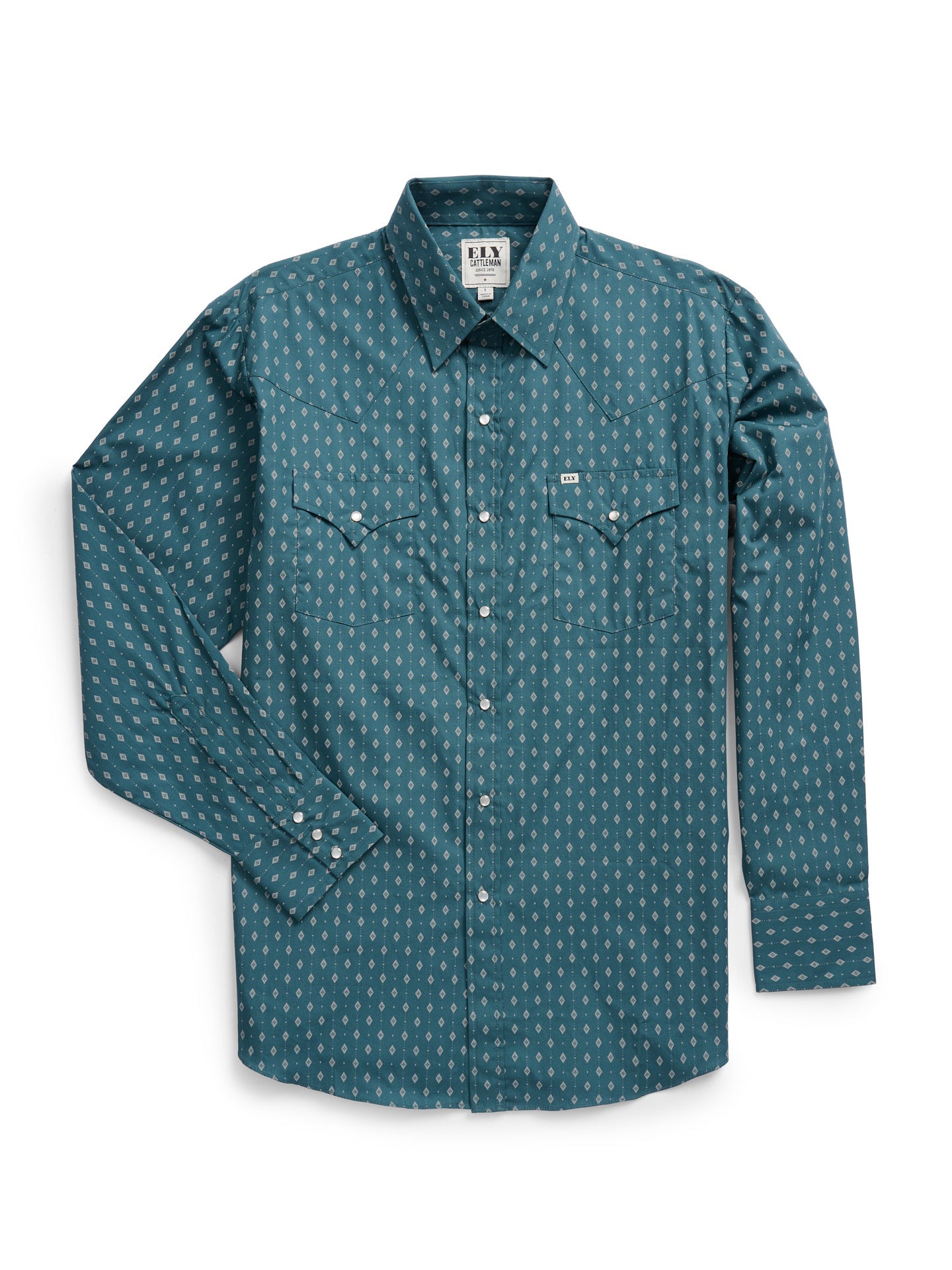 Men's Ely Cattleman Long Sleeve Geo Print Western Snap Shirt- Teal