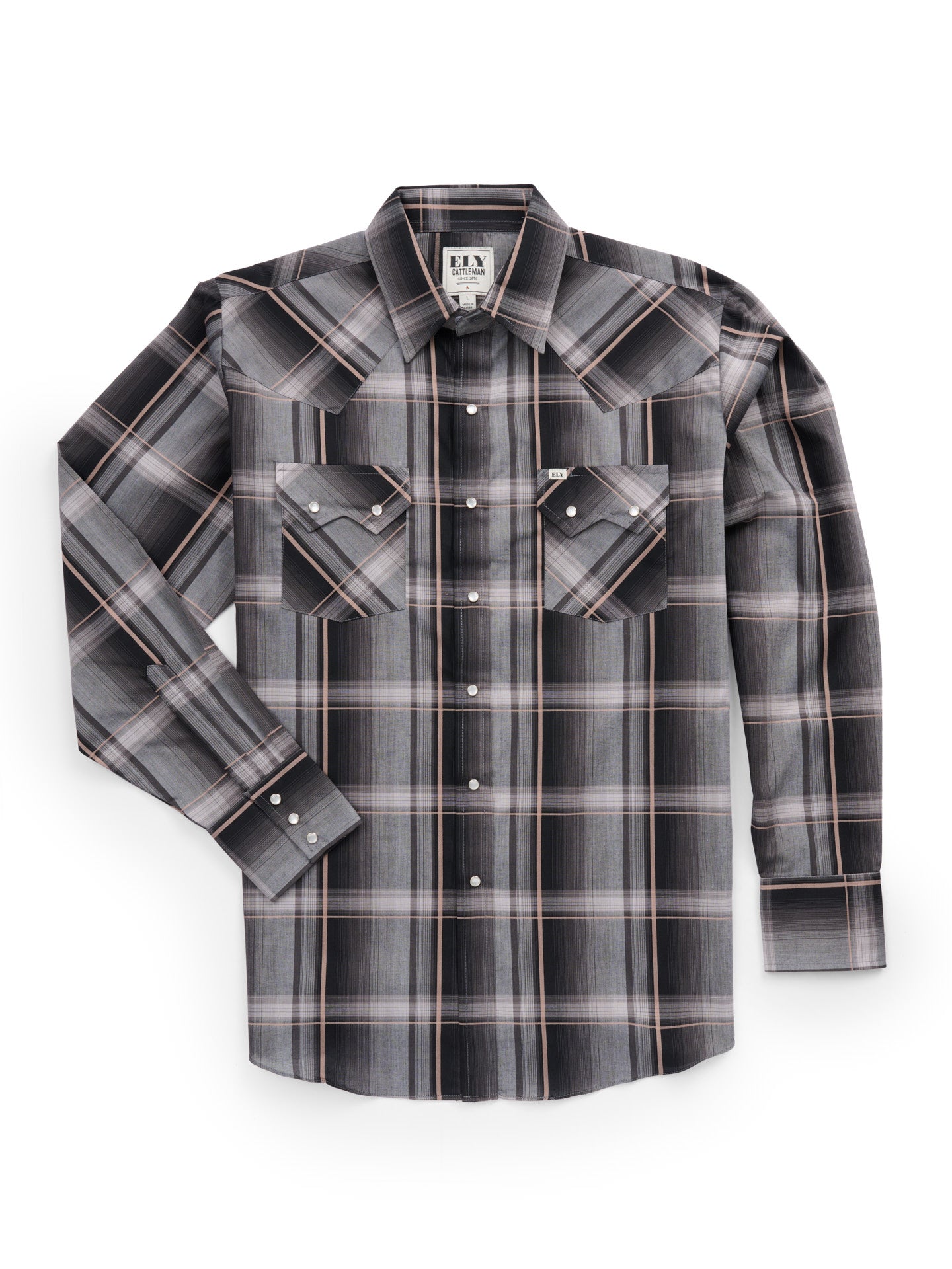Men's Ely Cattleman Long Sleeve Textured Plaid Western Snap Shirt- Bla