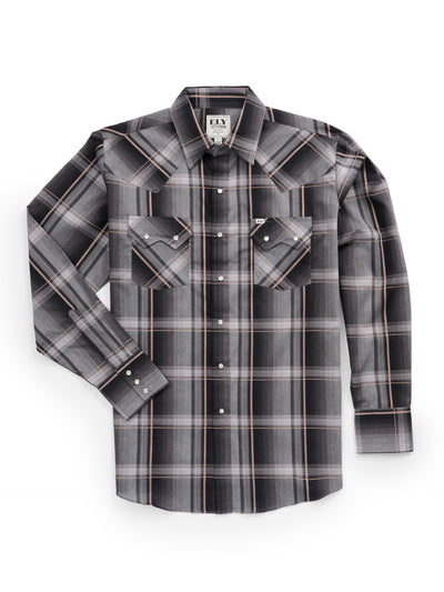 Men's Ely Cattleman Long Sleeve Textured Plaid Western Snap Shirt- Black