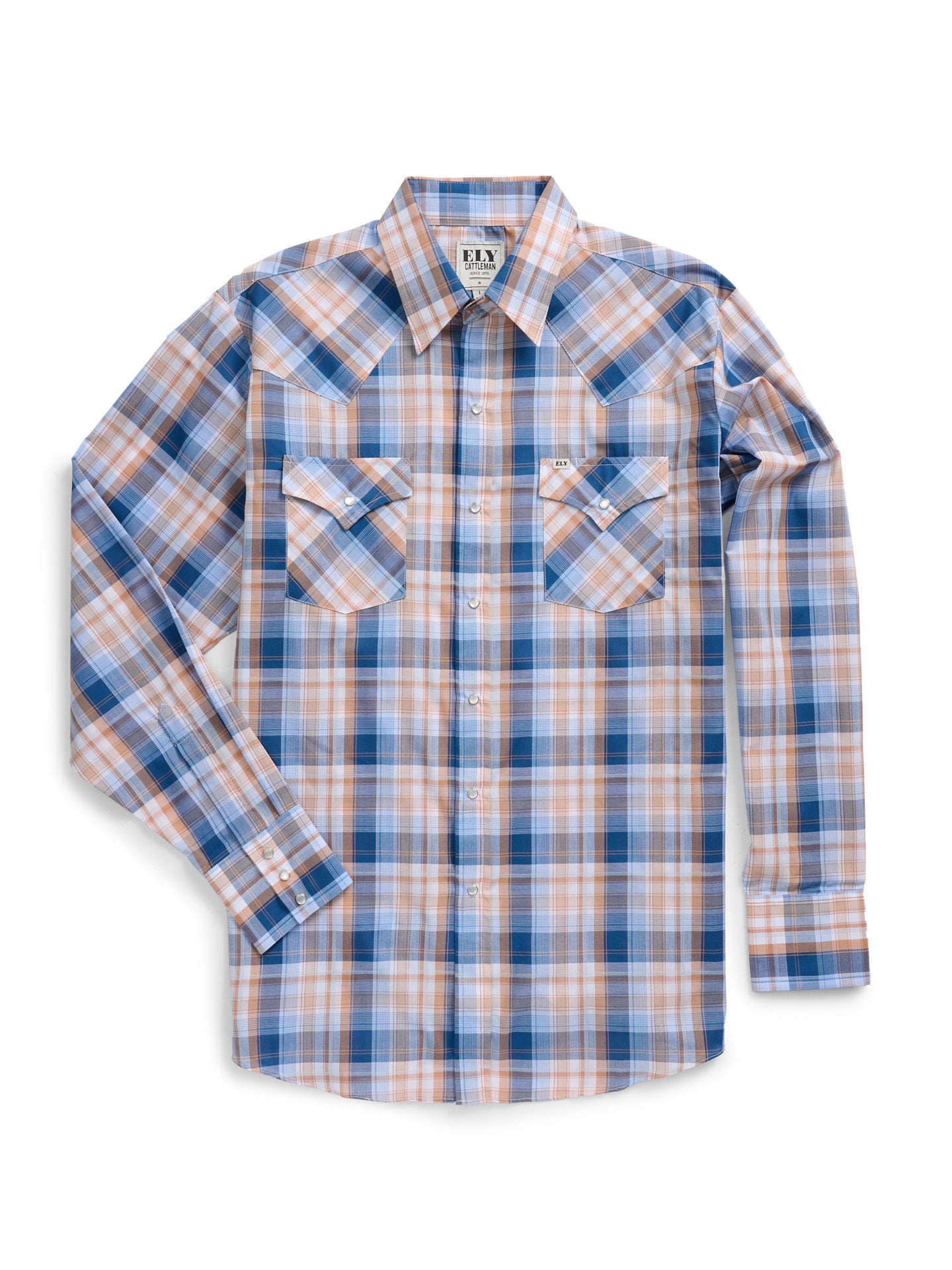 Men's Ely Cattleman Long Sleeve Textured Plaid Western Snap Shirt- Navy/Gold