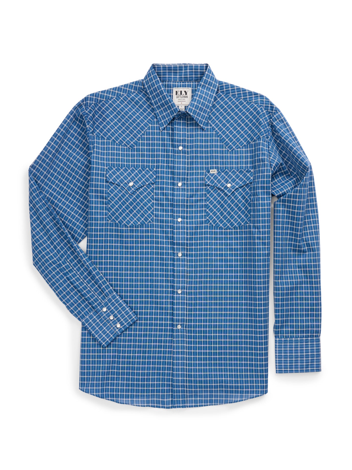 Men's Ely Cattleman Long Sleeve Barbed Wire Dobby Plaid Western Snap Shirt- Navy