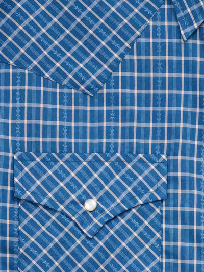 Men's Ely Cattleman Long Sleeve Barbed Wire Dobby Plaid Western Snap Shirt- Navy