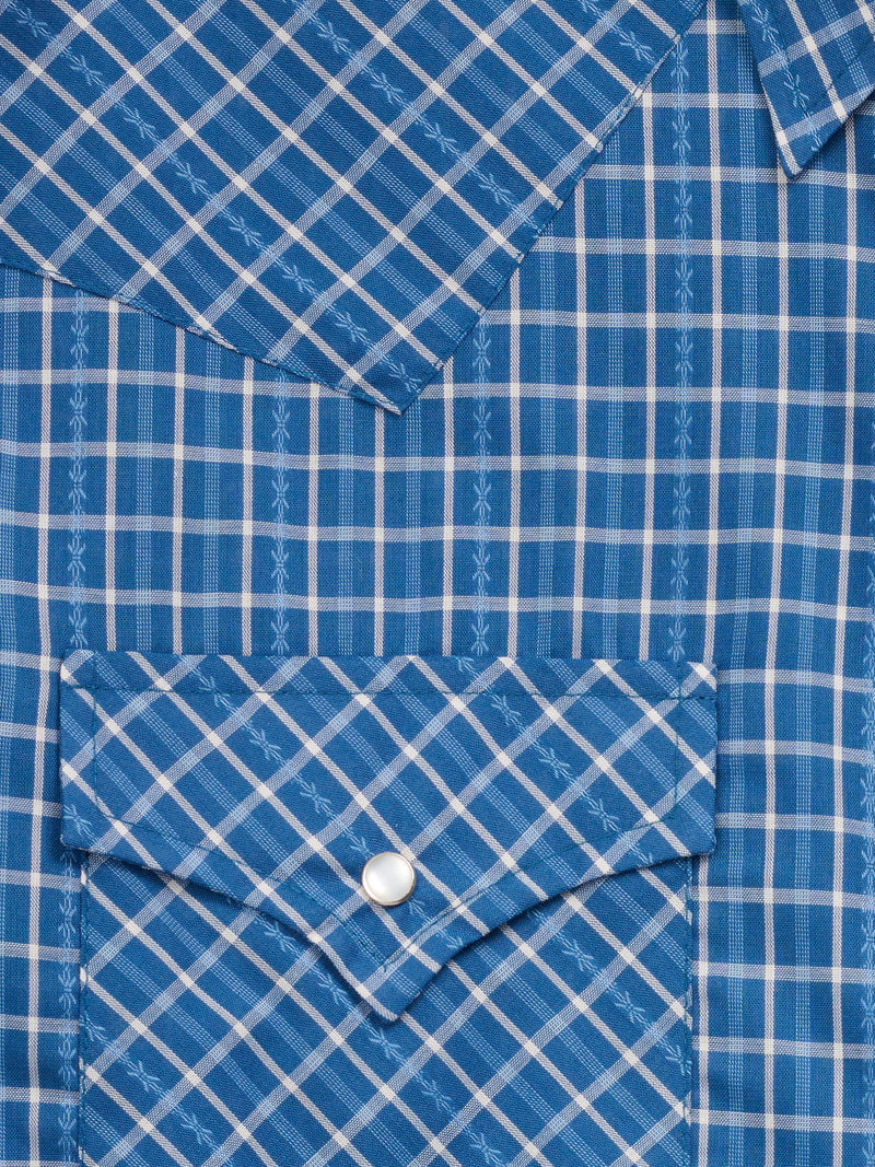 Men's Ely Cattleman Long Sleeve Barbed Wire Dobby Plaid Western Snap Shirt- Navy