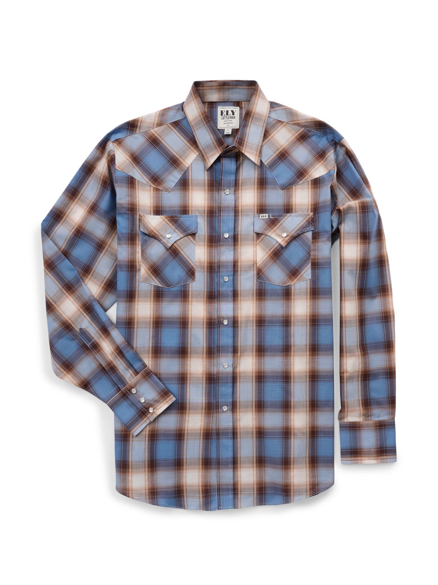 Men's Ely Cattleman Long Sleeve Textured Plaid Western Snap Shirt- Denim Blue
