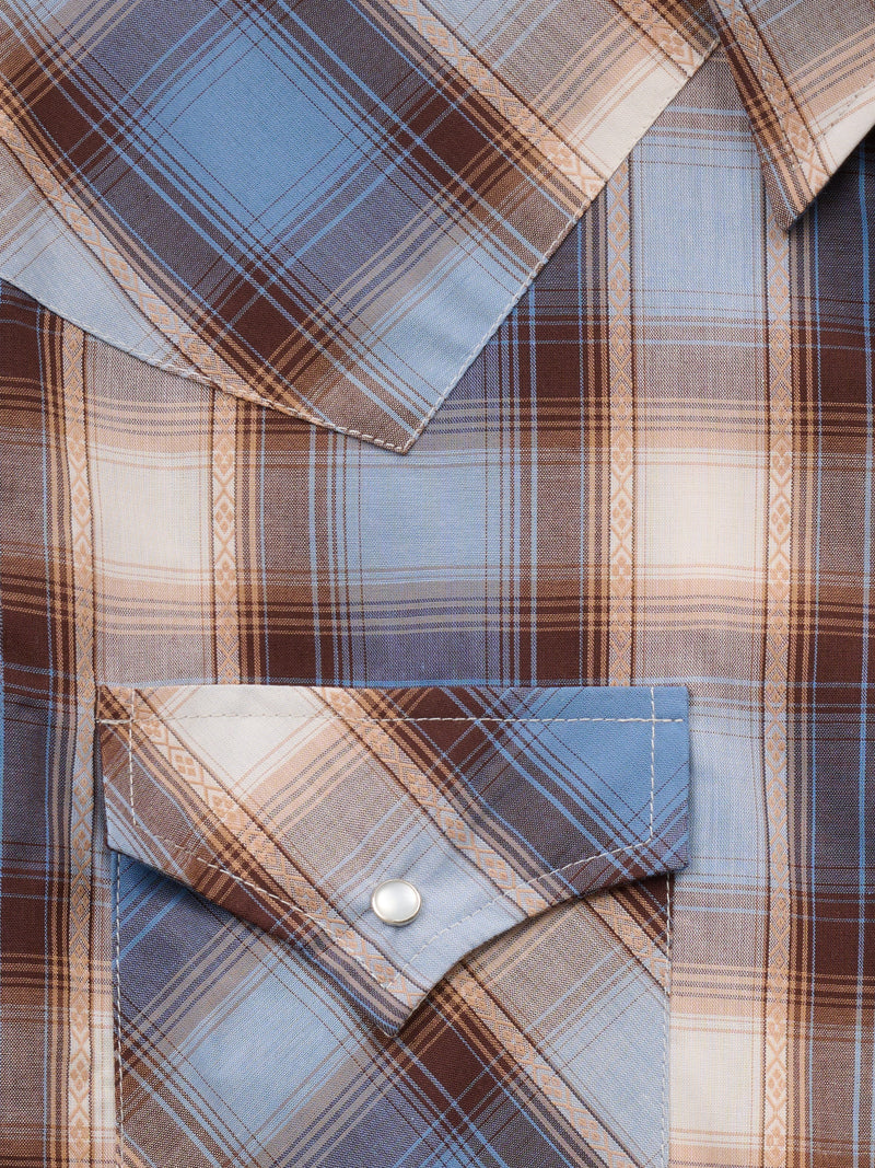 Men's Ely Cattleman Long Sleeve Textured Plaid Western Snap Shirt- Denim Blue